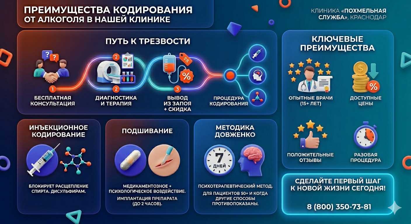 Инфографика о методах кодирования от алкоголя в Стальском: инъекции, подшивание, метод Довженко. Преимущества клиники и этапы лечения.