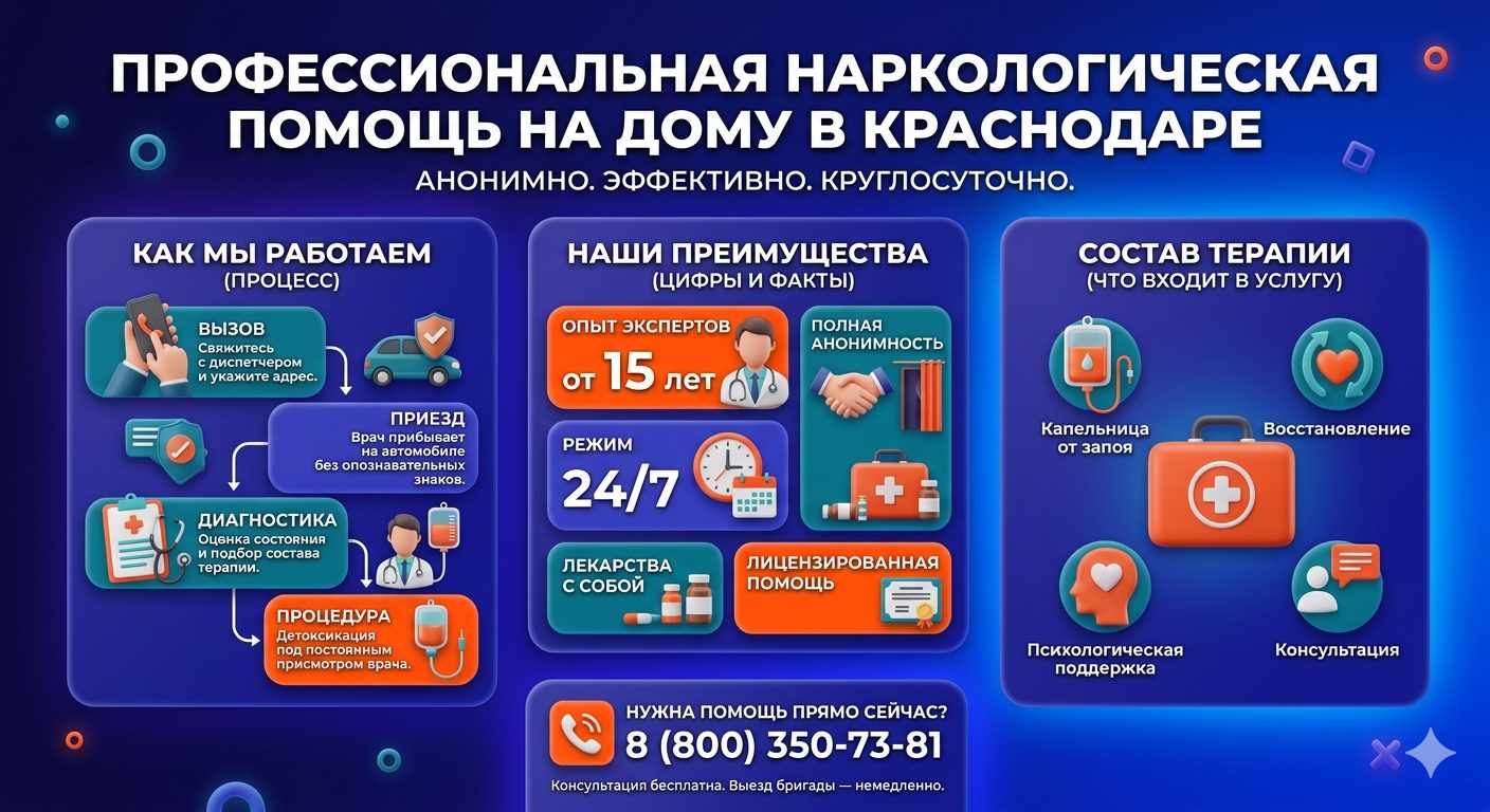 Инфографика о принципах лечения алкоголизма на дому в Стальском: этапы вызова нарколога, преимущества анонимной детоксикации и состав медицинской помощи.